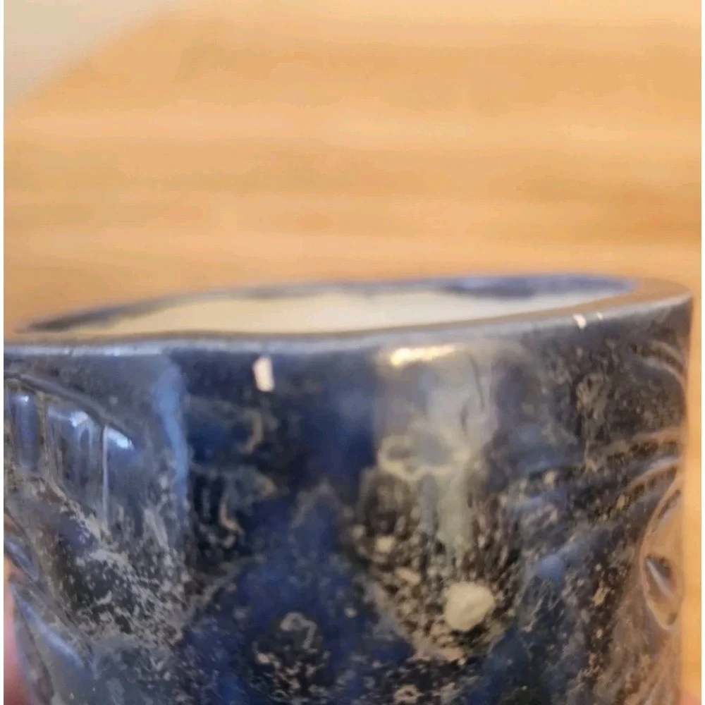 Vtg Set of 4 Tiki Mug Glass Cup Dark Blue Metallic Glaze Glossy Hawaiian Beach